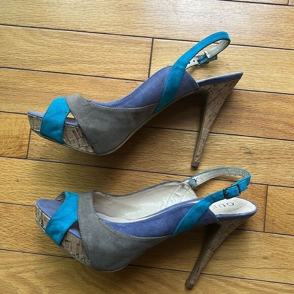 Guess Suede Multicolor Blue Gray Purple  Slingback Cork Heel Shoes  Sandals  8.5 - Picture 8 of 12